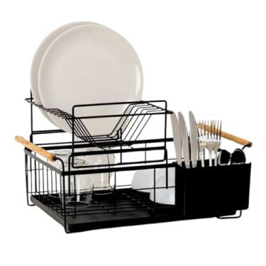 Imagem de Escorredor De Louça Duplo 2 Andares 12 Pratos Talheres Copos Com Bandeja Coletora Aço Madeira Bambu (Preto)