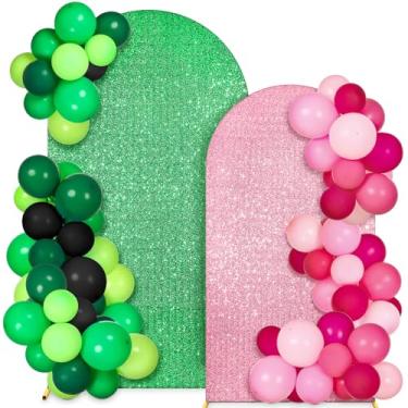 Imagem de Conjunto de 2 capas de fundo de arco verde e rosa de lantejoulas com tema de bruxa para decoração de festa de 1,8 m, 2,2 m para festa de aniversário de teatro musical de bruxa e princesa