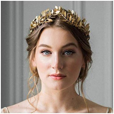 Imagem de Sither Tiara de coroa de folha dourada para noiva Tiara de folhas de oliveira para festa de casamento formatura festival de Halloween acessórios de cabelo (ouro)