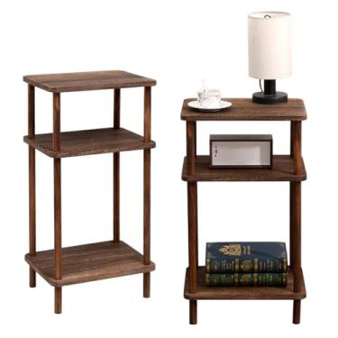 Imagem de Kosmeey Conjunto de 2 mesas laterais de madeira, 3 andares, mesa lateral de sofá rústica marrom para pequenos espaços, sala de estar, quarto