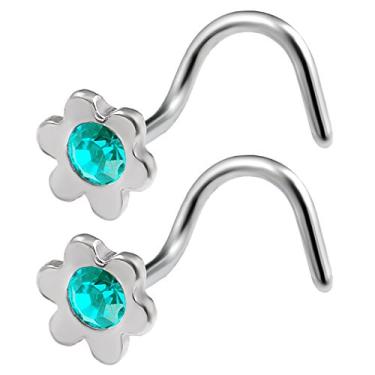 Imagem de bodyjewellery 2 peças 20 g 0,8 mm piercing de nariz flor narina saca-rolhas gancho de aço inoxidável cirúrgico cristal cor palheta, Aço inoxidável, cristal, zircão, aço