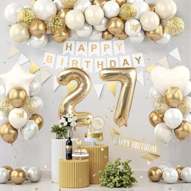 Imagem de Decorações de aniversário de 27 anos, decorações de festa de aniversário de ouro branco para mulheres e homens, balões de creme boho bege suprimentos de festa com faixa, faixa brilhante, topo de bolo