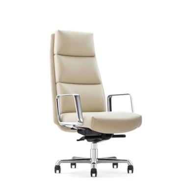 Imagem de FURIJING Cadeira de escritório excutiva de couro genuíno com base giratória de alumínio com encosto alto, mecanismo ergonômico de inclinação sincronizada, cadeira executiva de couro verdadeiro, branca