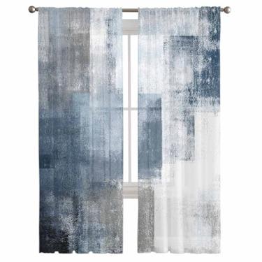 Imagem de Cortinas semitransparentes 160 cm C, cortinas com bolso para varão, arte abstrata, azul marinho, pintura mosqueada, textura clássica, tratamentos de janela, filtro de luz para sala de estar, cozinha