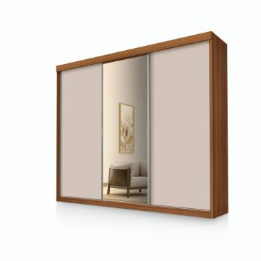 Imagem de Roupeiro Casal Luxo Florença 100% Mdf 3 Portas de Correr 5 Gavetas Trilhos em Alumínio Espelho - Luapa - Carvalho/Off