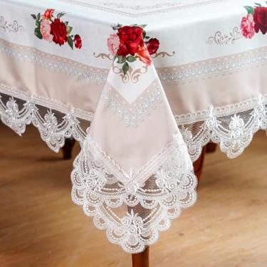 Imagem de SUTAVIA Toalha de mesa bordada de renda, toalha de mesa retangular de fazenda, toalha de mesa de macramê clássica oblonga com decoração de flores antigas (esbranquiçada, retangular/oblonga, 132 x 187