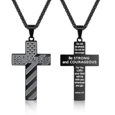 Imagem de EPIRORA Colar de cruz presentes para filho - joia com pingente de bandeira americana e versículo da Bíblia gravada em aço inoxidável de 45,7 cm + 5 cm, presente religioso cristão para adolescentes