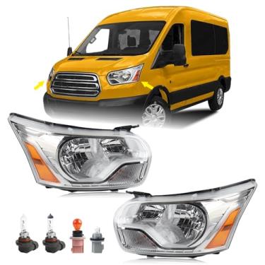 Imagem de KAMDKI Par de conjunto de farol adequado para Ford Transit 150 250 350 2015-2020 350 lâmpada de cabeça de halogêneo alojamento cromado lado esquerdo e direito do passageiro CK4Z13008M FO2502357