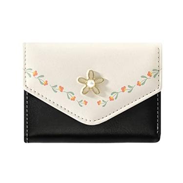 Imagem de Carteira feminina para meninas e meninas com flores fofas e três dobras de couro de poliuretano, carteira curta, pequena com três dobras para dinheiro, Preto, Carteira pequena e fofa