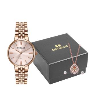 Imagem de Kit Relógio Feminino Seculus colar e brincos 77266LPSVRS2K1