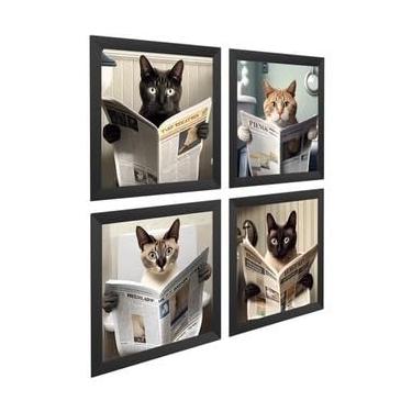 Imagem de Kit 4 Quadros Decorativos Gatos Lendo Jornal No Banheiro (Preto)