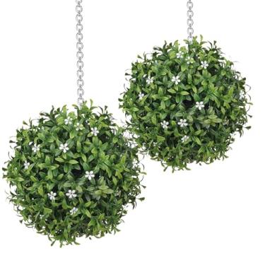 Imagem de Bola De Topiária De Planta Artificial - Bolas de Planta Falsa de Buxo | 2 Peças Decorações Impermeáveis E Penduráveis Para Pátio, Interior, Jardim, Casamento, Varanda, Exterior, Alpendre,