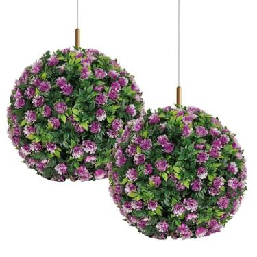Imagem de Bolas Artificiais de Buxo,Bolas De Buxo Artificiais Com Flores - 2 Peças Resistente Aos Raios UV Penduráveis Ornamentos De Decoração Para Jardim, Terraço, Varanda E Pátio