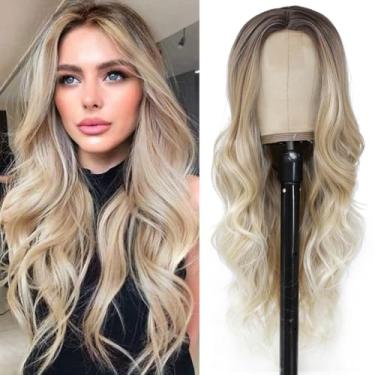 Imagem de Luxclipse Peruca Longa Ondulada De Renda Com Parte Central Para Mulheres, Peruca Loira Ombré, Cabelo Humano, Cacheada Natural, Resistente Ao Calor, Leve, Peruca Completa Para Uso Diário E Festas (Lo