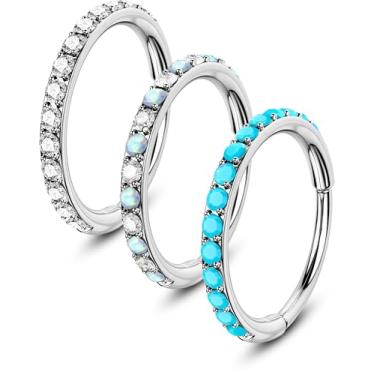 Imagem de OUFER 3 argolas de nariz turquesa opala CZ para mulheres, anéis de nariz de aço cirúrgico 316L 7 mm, segmento articulado prata septo lábio sobrancelha cartilagem concha torre hélice tragus daith