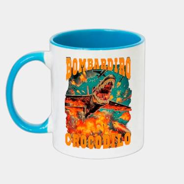Imagem de Caneca Branca com Alça e Interna Azul de Porcelana 325ml - Bombadiro Crocodilo Meme Crocodilo Fire Italian Brainrot