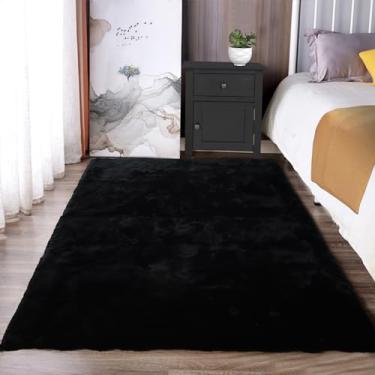 Imagem de Latepis Tapete de pele sintética de coelho 7,5 x 12,5 cm, preto fofo, lavável à máquina, tapete felpudo para sala de estar, tapete de cabeceira para quarto de bebê