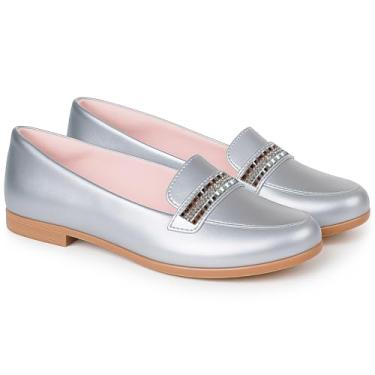 Imagem de Mocassim Infantil Prata com Cristais Solado Antiderrapante Confortável Sapato Social Festa (Prata, BR, Criança de 9 a 12 anos, Numérico, 30)