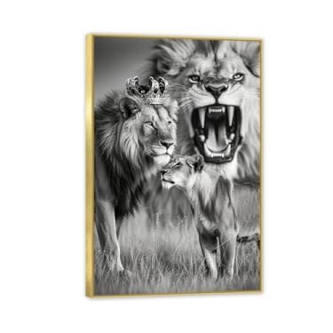 Imagem de Arte de parede emoldurada de ouro Rei Leão e Rainha com Coroa Preto e Branco Animais Selvagens Africanos Impressões em Tela Imagens de Arte Moderna para Sala de Estar Quarto 45 x 30 cm (18 x 12