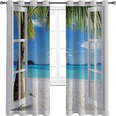 Imagem de Cortina blackout 90% turquesa, palmeiras tropicais na ilha oceano praia através de janelas de madeira branca, tratamento de sombreamento completo, cortina de isolamento de cozinha, L 106 x C 150 cm