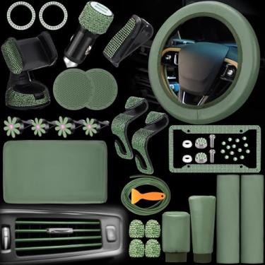 Imagem de Nuanchu Conjunto de 46 peças de acessórios de carro brilhantes para mulheres capa de volante de couro capas de cinto de segurança anéis de diamante adesivos suportes de copo strass adaptador USB flor