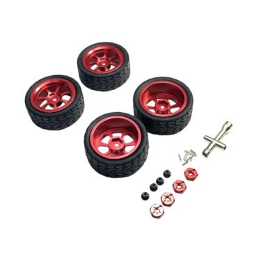 Imagem de YIJU Rodas e pneus RC, pneus de borracha RC, conjunto de aros de reposição, cubo sextavado de 12 mm, porca de roda M3 para 144001 1:18 1:12 1:10 144002, Vermelho