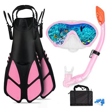 Imagem de AosDero Conjunto De Mergulho Com Snorkel Infantil Nadadeiras, Máscara Panorâmica, Protetores Auriculares Secos, Bolsa Equipamentos, Para Crianças, Jovens, Meninos E Meninas 5 A 12 Anos