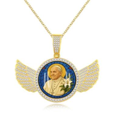 Imagem de JunyiDIY Pingente grande brilhante asas de anjo colar com foto do Papa Francisco, joia de moda sagrada para homens e mulheres, presente espiritual de inspiração de formatura para melhor amiga YA5953