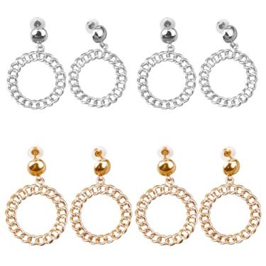 Imagem de HOBBIESAY 4 pares de brincos de argola redonda com pingente de corrente minimalista, 2 cores, joias de liga de ferro, 5 x 3 cm