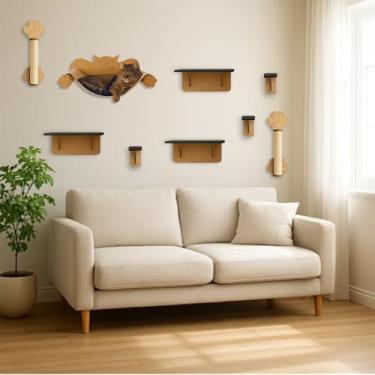 Imagem de BOXFAN Playground Gatos 9 Peças Mdf Rede Prateleiras Degraus Escada Rede Arranhador Diversão Parquinho para Gato Antiestresse e Estimula o Instinto Natural