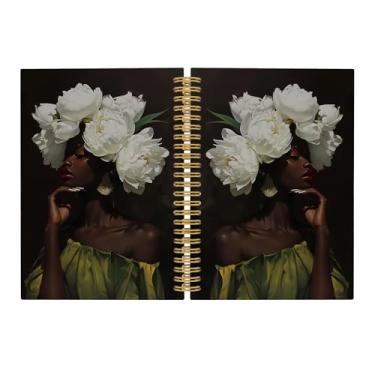 Imagem de Pugwak Caderno de diário feminino preto – Cadernos florais afro-americanos pautados para escola de trabalho, presentes afro-americanos para mulheres negras, material de escritório, caderno espiral de