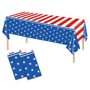 Imagem de 2 peças de toalha de mesa de 4 de julho, bandeira americana, patriótica, artigos de festa, capas de mesa patrióticas, para decoração de tema patriótico do Dia dos Veteranos, Dia de Colombo (137 x 274