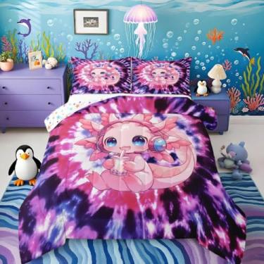 Imagem de Lindo conjunto de cama Axolotl para meninas, meninos, crianças, tamanho casal, desenho animado, salamandra, decoração de quarto, kawaii, oceano, vida marinha, edredom tie dye, 3 peças, roupa de cama