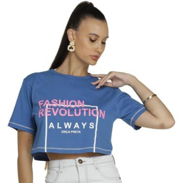 Imagem de Tshirt Onça Preta Cropped Trama Contraste VE23 Azul Feminino-Feminino