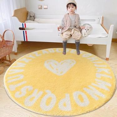 Imagem de Poowe Tapete infantil redondo, corações amarelos ABC alfabeto berçário, tapete antiderrapante, tapete para sala de estar (1 m)