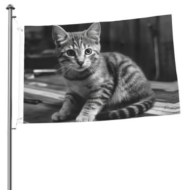 Imagem de Bandeira bandeira de jardim de 8,5 x 5,5 m bandeira dupla face resistente ao desbotamento para fora de boas-vindas bandeira de quintal gato na mesa de madeira bandeira de saudação bandeira de feriado