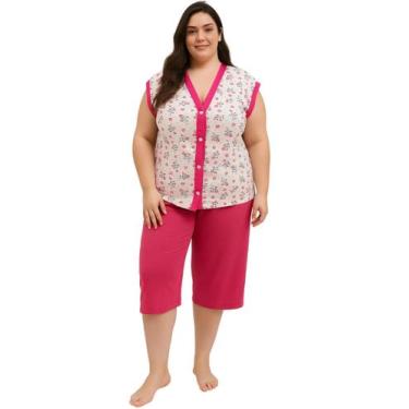 Imagem de Pijama Feminino Plus Size Pescador Estampa Floral Manga Curta Botão Go