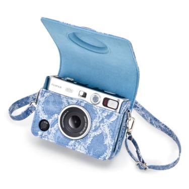 Imagem de MUZIRI KINOKOO Capa protetora para câmera Instax Mini EVO - couro PU padrão denim Fuji Mini EVO capa projetada com recorte de carga com alça de ombro removível - azul jeans