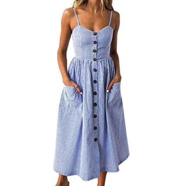 Imagem de Angashion Vestidos femininos - Vestido midi floral boêmio com alças finas e botões, Listrado azul marinho, G
