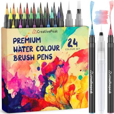 Imagem de Canetas de aquarela – 24 canetas de colorir vibrantes e 2 pincéis de mistura – Materiais de arte de qualidade premium com ponta macia e real – Perfeito para caligrafia, letras, colorir adultos – Creativepeak™