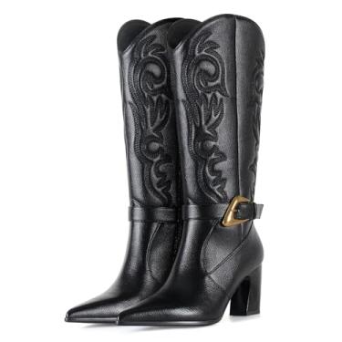 Imagem de LACIKOSZ Botas femininas de cano alto ocidental, bico fino, bordadas, com fivela dourada e salto bloco, elegantes botas modernas de couro sintético, Preto, 36