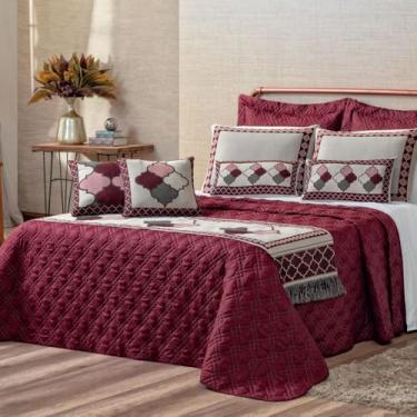 Imagem de Kit Colcha Cobre Leito Casal Queen 10 Peças Premium 180 Fios – Colcha Acolchoada Dupla Face com Porta Travesseiros, Capas de Almofadas e Peseira(Vinho,Queen 10 Peças)
