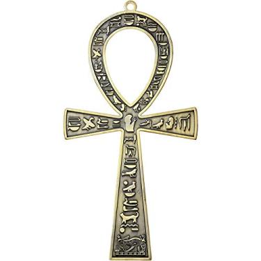 Imagem de NileCart 18 cm Cruz egípcia de metal grande feita no Egito com símbolos hieróglifos egípcios antigos em ambos os lados, Antique Brass Tone