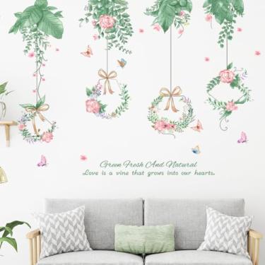 Imagem de ZARROUEA Decalques de parede de videira verde pendurados, plantas suculentas, glicínias, flores florais, borboletas, pássaros, adesivos de parede, vinil autoadesivo, removível, sala de estar, sofá, TV