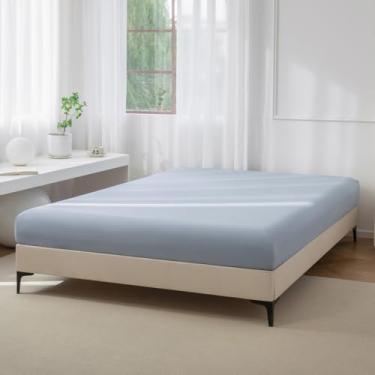 Imagem de JIYUAN 1 lençol com elástico 100% algodão lavado, lençol de baixo com bolso profundo para colchão de até 43 cm, confortável e respirável para todas as estações, tamanho Queen, azul-claro mesclado