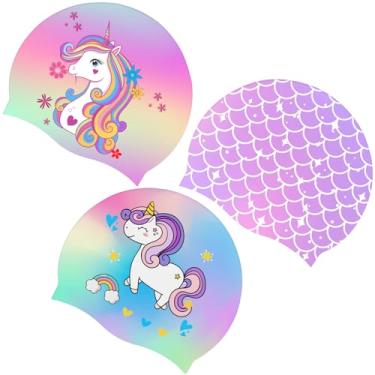 Imagem de Tivcck 3 toucas de natação infantis, touca de natação de silicone, touca de banho à prova d'água, mantém o cabelo seco, toucas de natação infantis para meninos e meninas, chapéu de natação de desenho