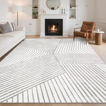 Imagem de GlowSol Tapete moderno para sala de estar, tapetes laváveis grandes 20 x 25 cm com suporte de borracha antiderrapante, tapete impresso com listras geométricas abstratas, tapete neutro macio que não