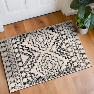 Imagem de Rugshop Tapete de área tribal do sudoeste creme e preto – Tapete geométrico boêmio com padrão de diamante para sala de estar, quarto ou entrada – Decoração de piso rústica moderna macia 6 cm x 8 cm