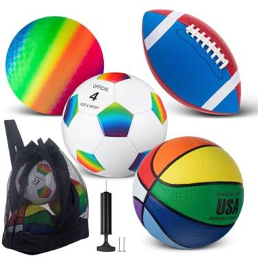 Imagem de Conjunto de 4 bolas esportivas para crianças adolescentes, inclui tamanho oficial 5 basquete 4 futebol 6 bola de futebol e bomba de equipamento esportivo bolsa de volta às aulas presentes para