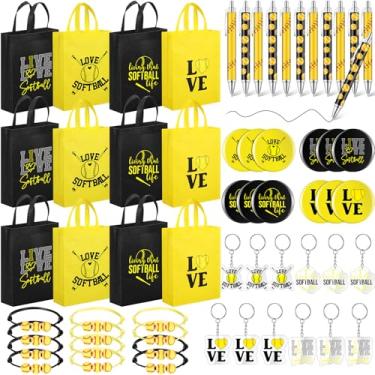 Imagem de Yoojahow 60 peças de lembrancinhas de festa de softball, 35 x 29 cm, grandes sacos de presente de softball, com alça, chaveiros de acrílico, pulseiras, alfinetes e canetas para decoração de festa